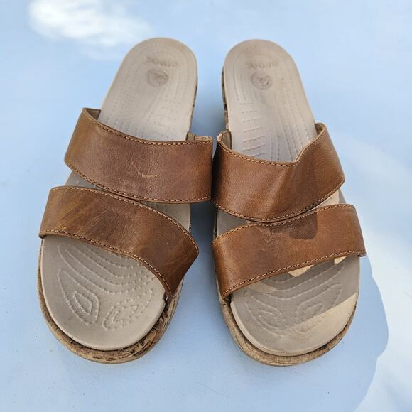 Crocs A-Leigh Brown Leather Cork Wedge Slide Platform Sandals Women’s 9 # 16205 - Picture 5 of 12